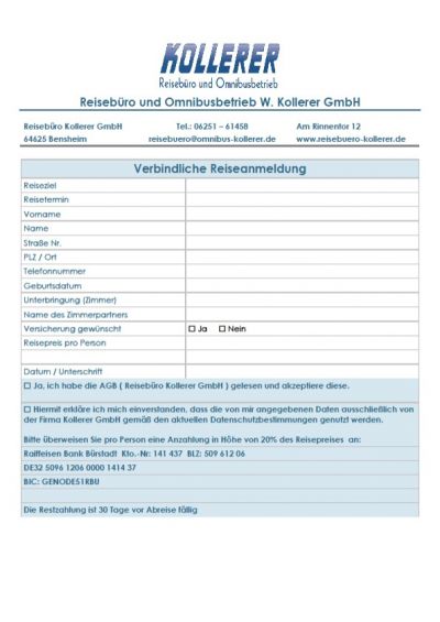 Reisebüro  Kollerer GmbH Reisebuchungsformular